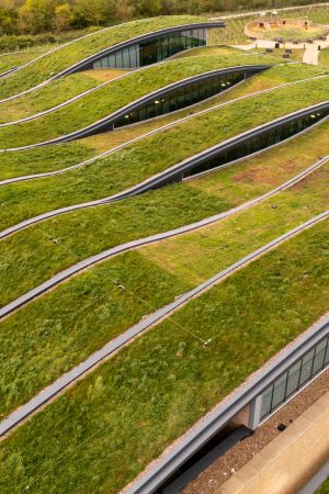 Skelton Lake Service Station, Leeds, UK - May 4, 2023. Aerial view of the extensive wildflower green roof or living roof on the net zero rooftop of a green building owned by a responsible business